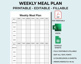 Plan de comidas semanal. Planificador de comidas. Planificador de dieta. Formato editable y rellenable en Excel y Hojas de Cálculo de Google. PDF imprimible. Colores: negro, blanco y gris. Diseño sencillo.