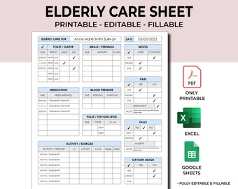 Printable Elderly Care Sheet. Elderly Care Template. Daily Care Log Sheet. PDF Printable.Editable Excel & Google Sheets.Custom Elderly Care.