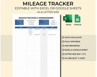 Laufleistungsverfolgung und Erstattungslogbuch Excel-Arbeitsblatt, Fahrtenbuch Google Sheet, Fahrtenbuch-Spreadsheet, druckbares Fahrtenbuch