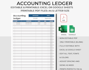 Accounting Ledger, Editable Excel & Google Sheets, Printable PDF, General Ledger Accounting, Business Expense Account Ledger, Bookkeeping