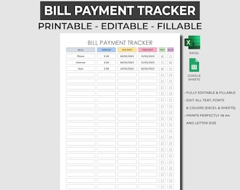 Editable Monthly Bill Payment Tracker, Printable Bill Payment Checklist, Bill Planner, Monthly Bill Log, Expense Tracker, Excel Template