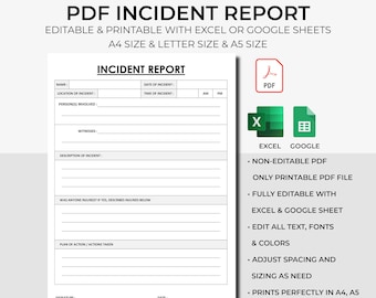 Printable Incident Report, Business Report,Incident Log Sheet Report,Accident Report,Accident Log Sheet Report,Editable EXCEL & Google Sheet