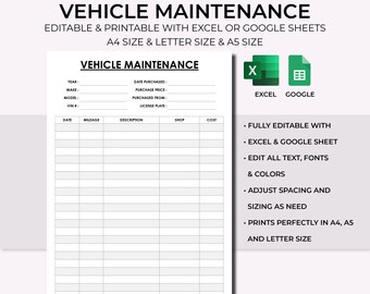 Bewerkbaar en afdrukbaar voertuigonderhoud, autovrachtwagen moto SUV, voertuigservice, voertuigreparatielogboek, olieverversingstracker, afdrukbaar autologboek