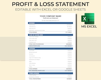 Profit and Loss Statement Template, Expense Report, Income Statement, Bookkeeping, Profit Calculator, Financial Statement, Excel Template