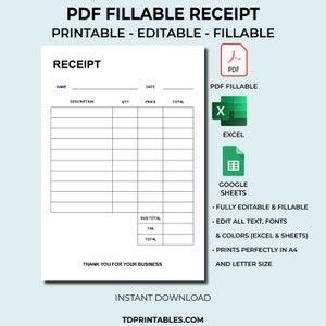 Editable Business Receipt Form, Printable Small Business Receipt, Sales Receipt template for business, Bill, Order form, Customer receipts