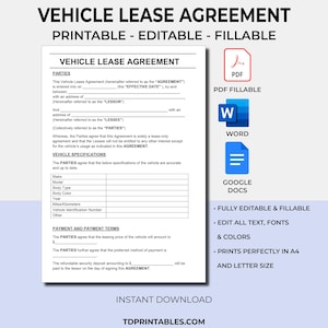 Puede incluir: Una plantilla de contrato de arrendamiento de vehículo imprimible en formato PDF, Word y Google Docs. El documento incluye secciones para las partes, las especificaciones del vehículo y las condiciones de pago. Es totalmente editable e imprimible en tamaño A4 y carta.
