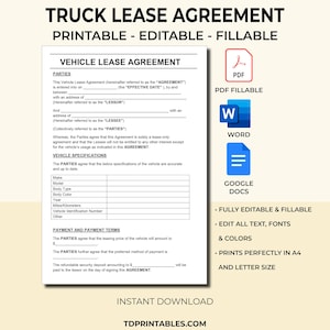 Truck Lease Agreement Template. PDF Fillable & Printable. Editable Ms Word Google Docs. Truck Lease Agreement Form. Lease Agreement Contract
