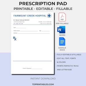 Szablon bloczka na recepty, szablon notatnika na receptę, formularz recepty, strona arkusza recepty lekarza, szablon Word i PDF, do wypełnienia