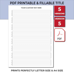 Puede incluir: Un documento PDF imprimible y rellenable con el título "PDF Printable & Fillable Title". El documento tiene una página con líneas y el texto "Your Custom Text Here" en la parte superior. El documento está diseñado para imprimirse perfectamente en papel tamaño carta y A4.