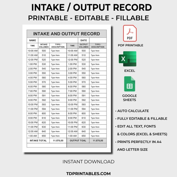 Fluids Intake and Output Record. Fluid Balance Chart. Intake Output Tracker. Nursing Form. Urine Output Record. Medical Chart. Binder Insert