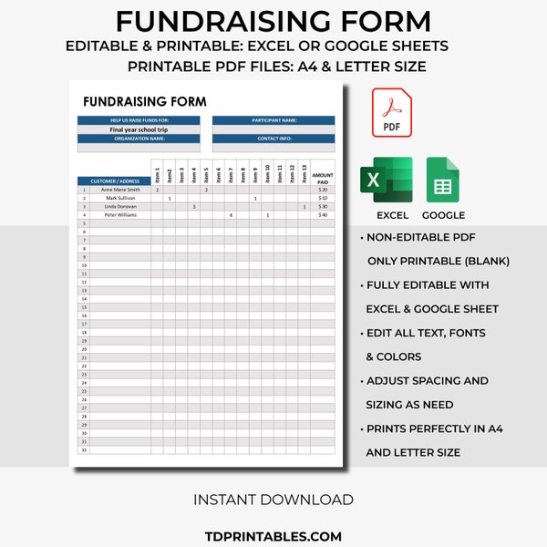 Fundraiser Form,Fundraiser Sheet, Fundraiser Template,Charity Event Donation,School Fundraising Form, Printable Editable Fillable Fundraiser