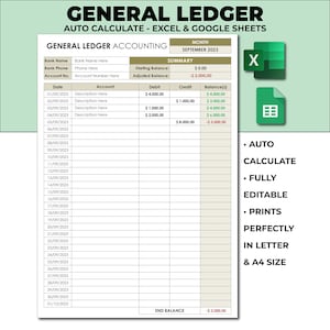 Hauptbuchhaltung druckbar, Hauptbuch-Spreadsheet, Geld-Tracker, Buchhaltungsvorlage, Editalbe EXCEL / Google Sheets-Vorlage