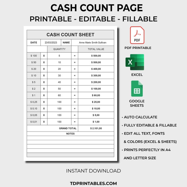 Cash Breakdown. Count Sheet. PDF Cash Breakdown Slip. Cash Withdrawal Slip. Till Balance. Cash Register Total. Cash Drawer Tally Sheet