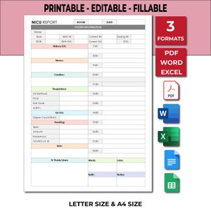 Nicu report sheet, Nicu Patient Report, Nicu brain sheet, Neonatal nurse shirt, Nicu patient report sheet - A4/US Letter, Day/Night shift