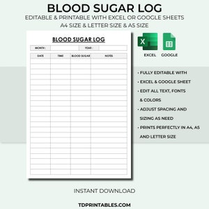 May include: Printable blood sugar log template in Excel and Google Sheets format. The template has columns for date, time, blood sugar level, and notes. It is fully editable and can be adjusted to fit A4, A5, and letter size paper.