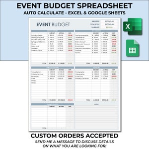 May include: A spreadsheet template for planning an event budget. The spreadsheet includes categories for announcements, decorations, venue and catering, vendors, and other categories. The spreadsheet also includes columns for budget, actual, and difference. The spreadsheet is designed to be used with Excel or Google Sheets.