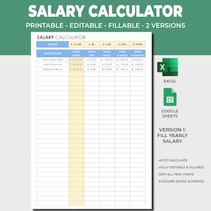 Può includere: Un modello di foglio di calcolo di calcolatore di stipendio stampabile in formato Excel e Google Sheets. Il modello ha colonne per il nome del dipendente, lo stipendio annuale, la tariffa oraria, il lordo settimanale, il lordo bisettimanale e il lordo mensile. Il modello è completamente modificabile e compilabile e consente il calcolo automatico dello stipendio.