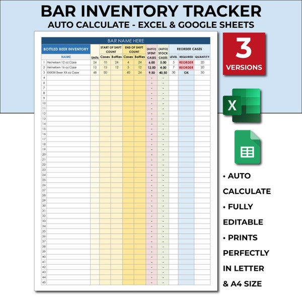 Bar Restaurant Spreadsheet Etsy