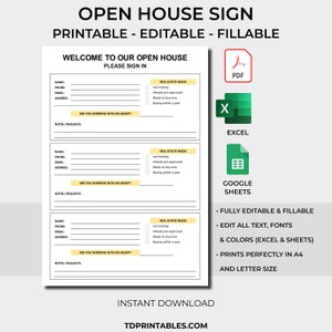 Hoja de letreros de puertas abiertas. PDF imprimible y rellenable, descarga digital, registro de clientes sencillo, registro de puertas abiertas, plantilla inmobiliaria, Excel