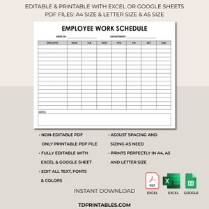 Employee Work Schedule,Employee Work Schedule Template,Employee Organizer,Printable Weekly Employee Schedule,Employee Weekly Work Schedule