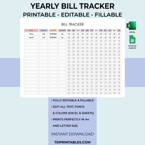 Editable Yearly Bill Payment Tracker,Printable Bill Payment Checklist,Bill Payment Log,Expense Tracker,Bill Planner,A4 Letter,Excel Template
