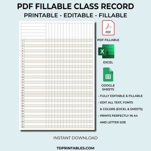 Printable Fillable Class Record, Class Gradebook, Teacher Gradebook, Class Attendance, Class Record, Class Grade Book, Teacher Grade Book