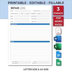 Vehicle Repair Log. Car, Motorcyvle, Truck Repair Log. Vehicle Repair Records. Car Repair Tracker. Mechanic Reparir Log. Auto Repair Tracker