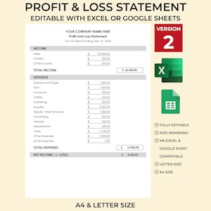 May include: A black and white profit and loss statement template with the title "Profit & Loss Statement" and the text "Editable with Excel or Google Sheets". The template is labelled "Version 2" and includes a checklist of features: "Fully Editable", "Add Branding", "MS Excel & Google Sheet Compatible", "Letter Size", and "A4 Size".