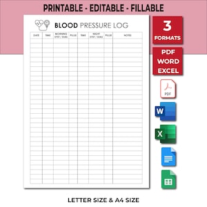 Printable Blood Pressure Log. Blood Pressure Tracking Sheet. Daily, Weekly & Monthly Blood Pressure Log Template. Blood Pressure Log Book.