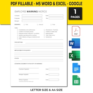 Könnte beinhalten: Ein schwarzes und weißes druckbares Formular für eine Mitarbeiterwarnung mit Feldern für Unternehmen, Mitarbeiter, Manager, Datum, Titel, Warnungsart, Beschreibung, erforderliche Verbesserungen, Sonstiges und Bestätigung des Eingangs der Warnung. Das Formular enthält Kontrollkästchen für verschiedene Gründe für die Warnung, wie z. B. unbefriedigende Arbeitsleistung, Verstoß gegen Unternehmensrichtlinien, Abwesenheit/Verspätung und Verstoß gegen Sicherheitsrichtlinien. Das Formular enthält auch Felder für die Unterschrift des Mitarbeiters, die Unterschrift des Managers, die Unterschrift des Zeugen und das Datum.
