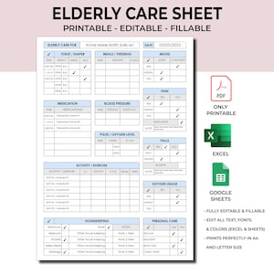 Ausdruckbare Pflegeanleitung. Altenpflege Vorlage. Tagebuch für die tägliche Pflege. PDF Printable.editable Excel & Google Sheets.Custom Elderly Care.