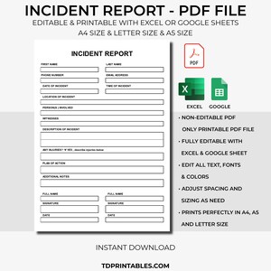 Op de afbeelding: Printbare incidentrapport sjabloon in PDF-formaat. De sjabloon is bewerkbaar met Excel of Google Sheets en kan worden afgedrukt in A4, Letter of A5 formaat. De sjabloon bevat velden voor voornaam, achternaam, telefoonnummer, e-mailadres, datum van het incident, locatie van het incident, betrokken personen, getuigen, beschrijving van het incident, eventuele verwondingen, actieplan, aanvullende notities, volledige naam, handtekening en datum.