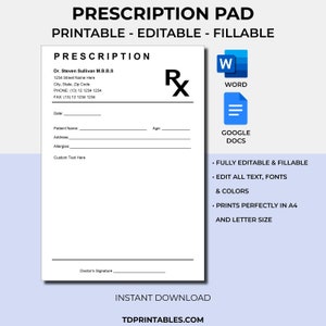 Modèle de carnet d'ordonnances de médecin, feuille d'ordonnance, modifiable imprimable imprimable à remplir MS Word et Google Docs, formulaire d'ordonnance à remplir