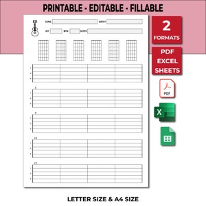 Spartiti e accordi per chitarra. Spartiti vuoti con accordi per chitarra. Tablatura per chitarra stampabile in PDF. Tablatura per chitarra vuota in PDF.