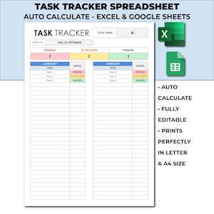 以下が含まれることがあります： ExcelとGoogleスプレッドシート用の印刷可能なタスクトラッカースプレッドシート。スプレッドシートには、保留中、進行中、完了したタスクのセクションがあります。スプレッドシートは、完全に編集可能で、レターサイズとA4サイズで完璧に印刷されるように設計されています。