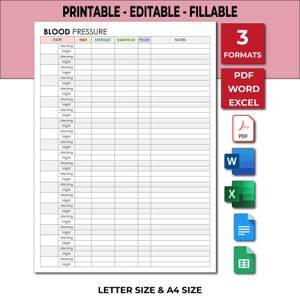 Könnte beinhalten: Druckbarer Blutdruck-Logbuch-Tracker in den Formaten PDF, Word und Excel. Der Tracker enthält Spalten für Datum, Uhrzeit, systolischen, diastolischen Blutdruck, Puls und Notizen. Der Tracker ist für Letter- und A4-Papier ausgelegt.