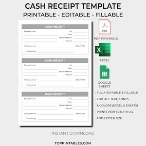 Cash Receipt Template, Receipt Template, EXCEL Template, PDF Receipt Editable & Printable, Simple Receipt Form, Rental Payment Receipt