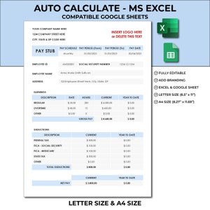Paystub Template. Editable Paystub Template. Automatic Calculation. Earnings Statement Spreadsheet Template. Salary Statement Template.