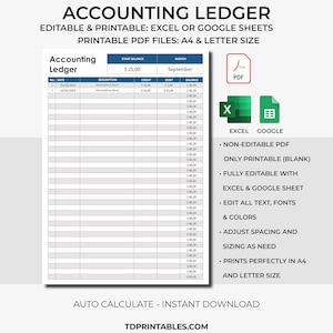 Accounting Ledger, Editable Excel & Google Sheets, Printable PDF, General Ledger Accounting, Business Expense Account Ledger, Bookkeeping