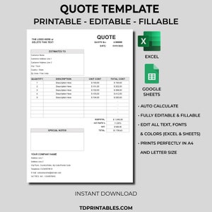 Plantilla de cotización. Cotización simple. Plantilla de presupuesto. Formulario de cotización. Editable, imprimible y rellenable en Excel/Hojas de cálculo de Google. Tamaño carta/A4.
