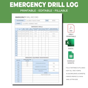 Printable Emergency Evacuation Log. Emergency Drill Record. Fire Drill Log Daycare School Companies.Disaster Preparedness Log.Fire Alarm Log