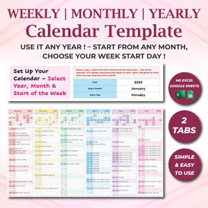 Puede incluir: Una plantilla de calendario digital con vistas semanales, mensuales y anuales. La plantilla permite a los usuarios seleccionar el año, el mes y el día de inicio. Incluye compatibilidad con MS Excel y Google Sheets, dos pestañas y es simple y fácil de usar.