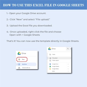 May include: A guide on how to use an Excel file in Google Sheets. The image shows step-by-step instructions with screenshots. The first screenshot highlights the "New" button in Google Drive. The second screenshot shows the "File upload" option.