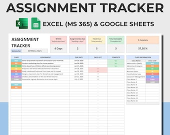 Assignment Tracker, School Spreadsheet, Excel 365 Google Sheets, Homework Tracker, Class Tracker, College Spreadsheet, Student Spreadsheet