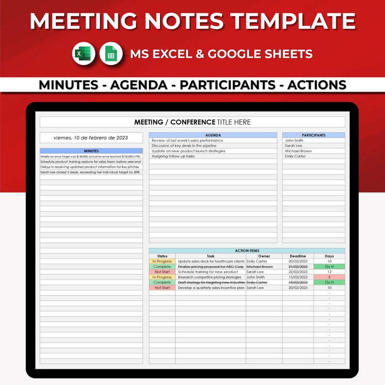 Meeting Notes Excel Google Sheets Template | Agenda | Work Meeting ...