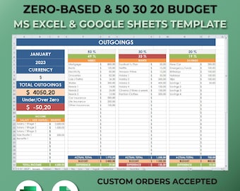 Puede incluir: Una plantilla de hoja de cálculo para un presupuesto mensual utilizando el método 50/30/20. La plantilla está diseñada para su uso en Microsoft Excel y Google Sheets. La hoja de cálculo incluye secciones para ingresos, gastos y ahorros. La plantilla está etiquetada como "Presupuesto basado en cero y 50 30 20".