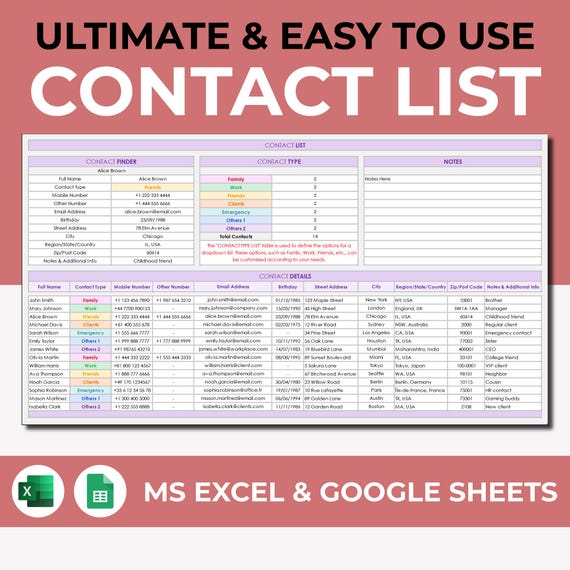 Contact List, Google Sheets & Excel, Address Book, Address Sheet, Contact Organizer, Emergency List, Contact Client Information Digital Log