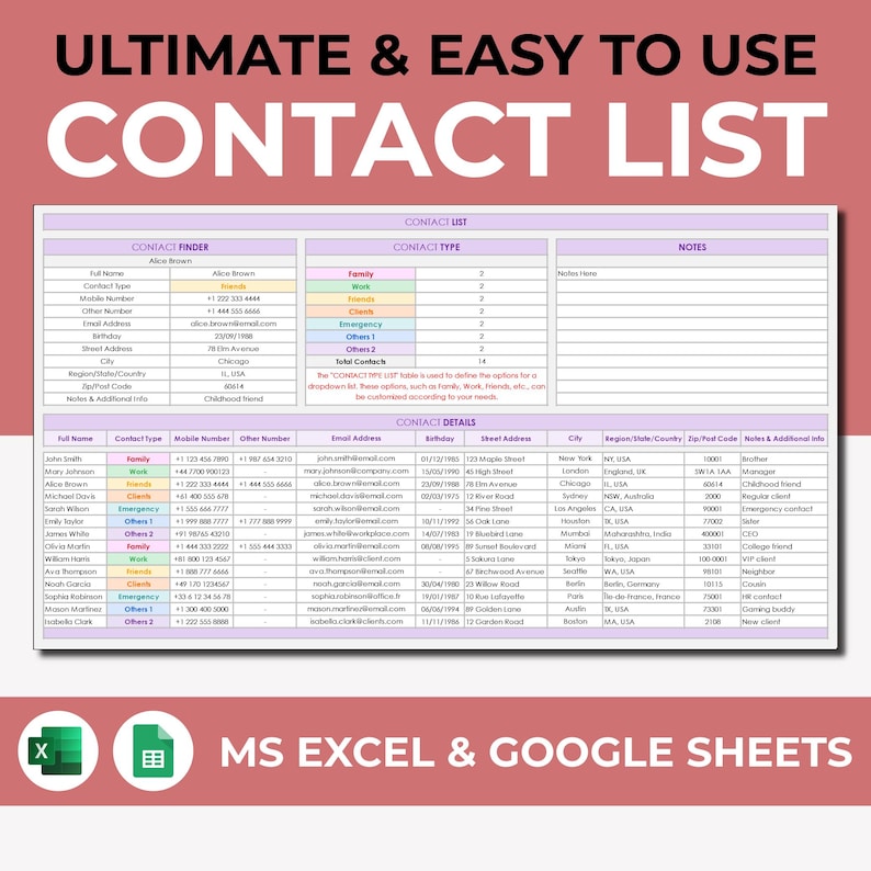 Contact List, Google Sheets & Excel, Address Book, Address Sheet, Contact Organizer, Emergency List, Contact Client Information Digital Log