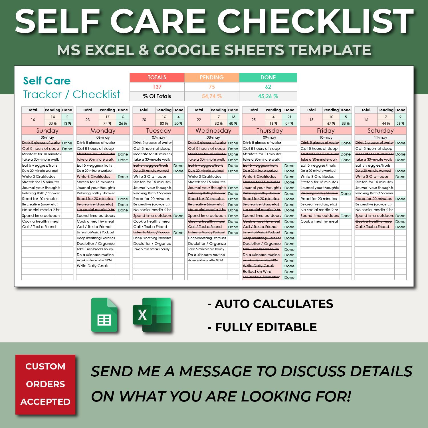 Self Care Tracker / Checklist Spreadsheet Template. Excel & Google Sheets. Self Care Journal Template. Self-Care Journal. Daily Journal.