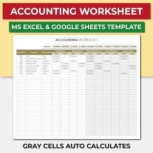 May include: A spreadsheet template for accounting, designed for use in Microsoft Excel and Google Sheets. The template includes columns for account number, account name, account type, trial balance, adjusting entries, adjusted trial balance, income statement, and balance sheet. The template is designed to help users track their financial transactions and generate financial reports.